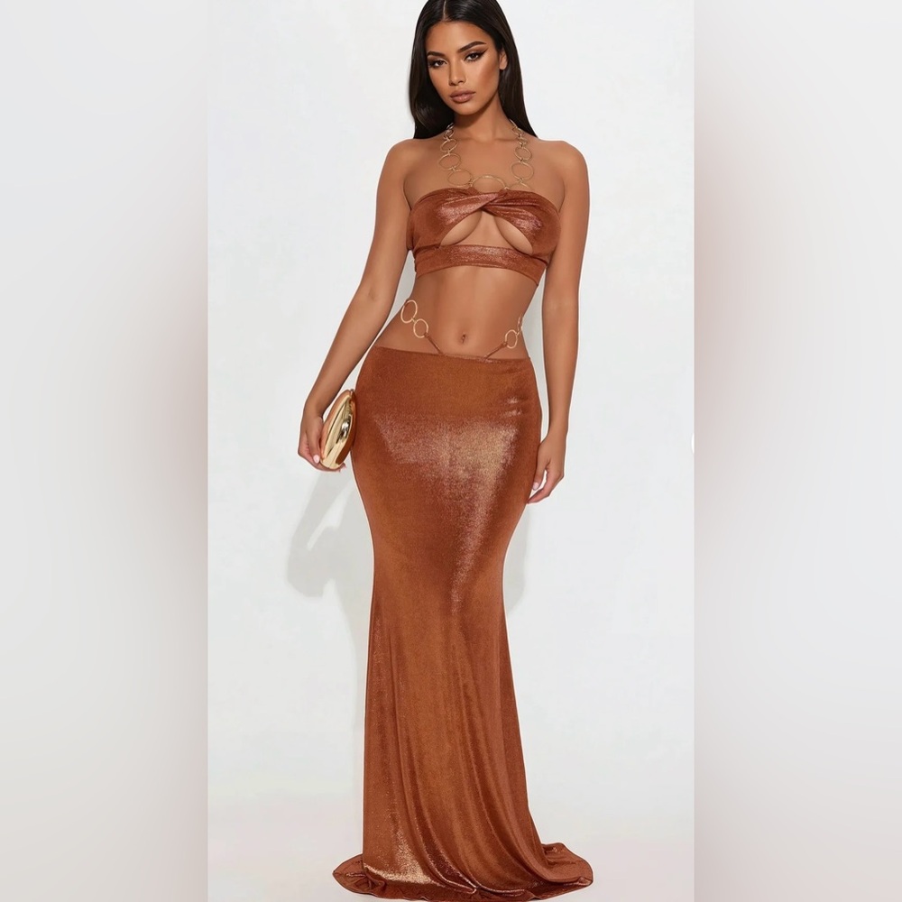 Sexy Shimmering Copper Maxi Skirt Set